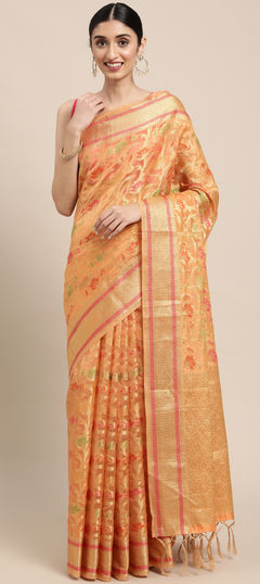 Orange color Saree in Organza Silk, Silk fabric with Weaving work