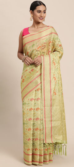 Green color Saree in Organza Silk, Silk fabric with Weaving work