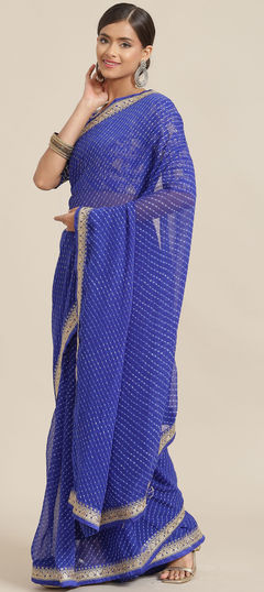 Blue color Saree in Georgette fabric with Embroidered, Printed work
