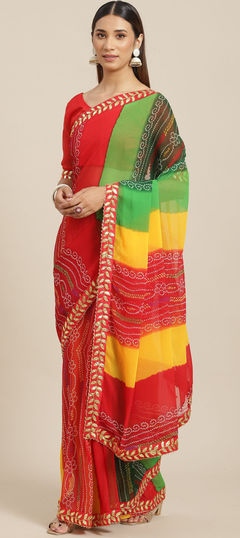 Red and Maroon color Saree in Georgette fabric with Embroidered, Printed, Thread work