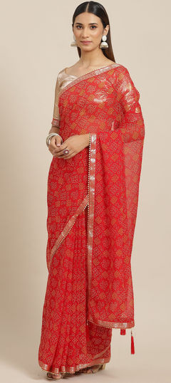 Red and Maroon color Saree in Georgette fabric with Embroidered, Printed, Thread work
