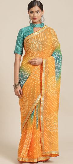 Yellow color Saree in Georgette fabric with Embroidered, Printed, Thread work