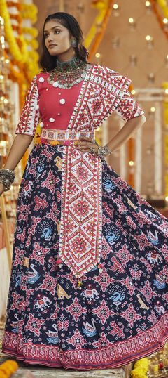 Festive, Party Wear Black and Grey color Lehenga in Cotton fabric with A Line Digital Print, Mirror work : 1815626