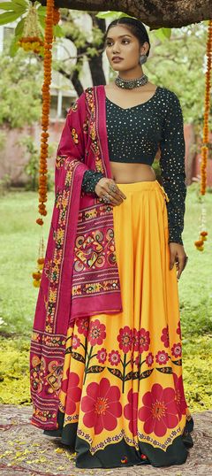 Festive, Party Wear Yellow color Lehenga in Cotton fabric with A Line Digital Print, Mirror work : 1815627