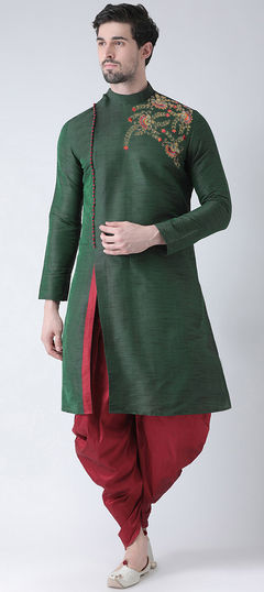 Green color Dhoti Kurta in Art Silk fabric with Embroidered work