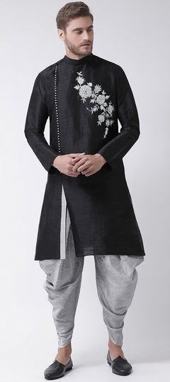 Black and Grey color Dhoti Kurta in Art Silk fabric with Embroidered work