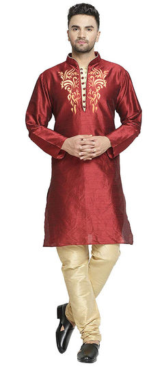 Red and Maroon color Kurta Pyjamas in Art Silk fabric with Embroidered work