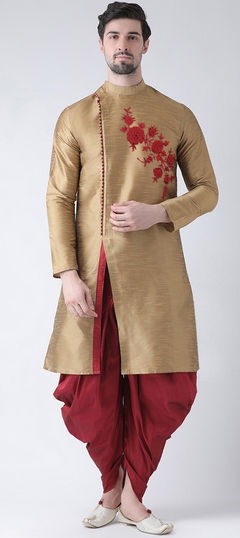 Gold color Dhoti Kurta in Art Silk fabric with Embroidered work