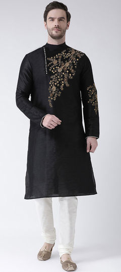 Black and Grey color Kurta Pyjamas in Art Silk fabric with Embroidered work