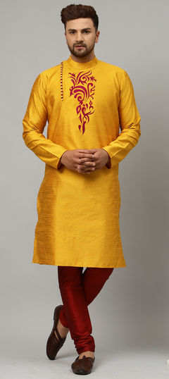 Yellow color Kurta Pyjamas in Art Silk fabric with Embroidered work