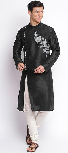 Black and Grey color Kurta Pyjamas in Art Silk fabric with Embroidered work