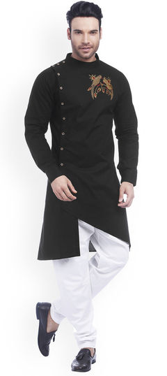 Black and Grey color Kurta Pyjamas in Blended Cotton fabric with Embroidered work