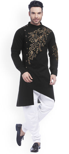 Black and Grey color Kurta Pyjamas in Blended Cotton fabric with Embroidered work