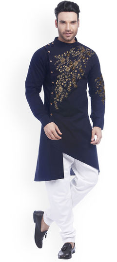 Blue color Kurta Pyjamas in Blended Cotton fabric with Embroidered work