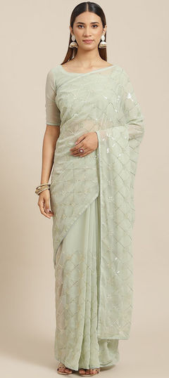 Green color Saree in Georgette fabric with Embroidered work