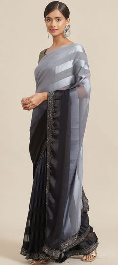 Black and Grey color Saree in Art Silk, Silk fabric with Weaving work