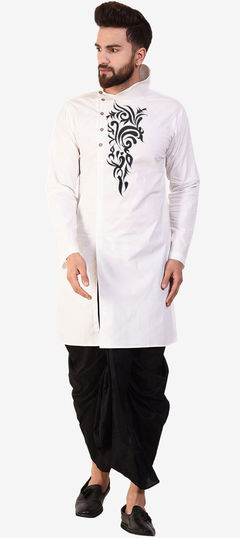 White and Off White color Dhoti Kurta in Blended Cotton fabric with Embroidered work