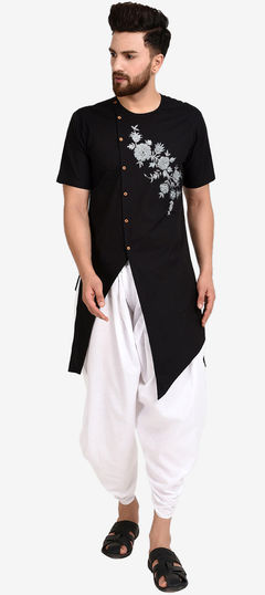 Black and Grey color Dhoti Kurta in Blended Cotton fabric with Embroidered work