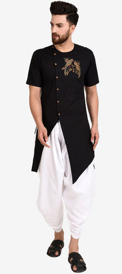 Black and Grey color Dhoti Kurta in Blended Cotton fabric with Embroidered work