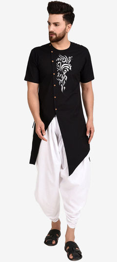 Black and Grey color Dhoti Kurta in Blended Cotton fabric with Embroidered work