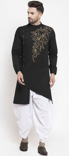 Black and Grey color Dhoti Kurta in Blended Cotton fabric with Embroidered work