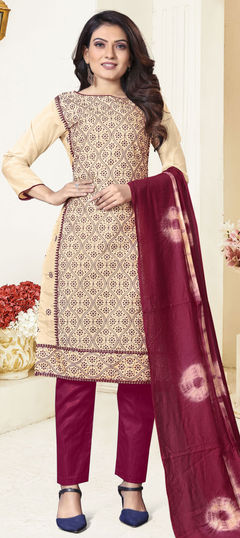 Beige and Brown color Salwar Kameez in Art Silk fabric with Embroidered, Thread work