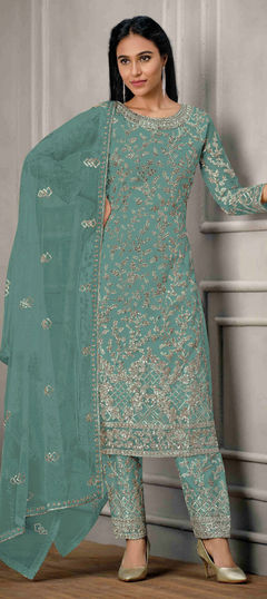 Blue color Salwar Kameez in Net fabric with Embroidered, Sequence, Thread work