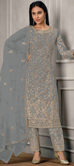 Black and Grey color Salwar Kameez in Net fabric with Embroidered, Sequence, Thread work