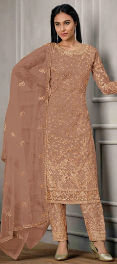 Beige and Brown color Salwar Kameez in Net fabric with Embroidered, Sequence, Thread work