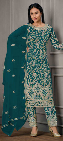 Blue color Salwar Kameez in Net fabric with Embroidered, Sequence, Thread work