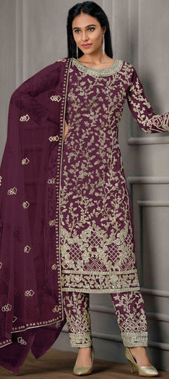 Purple and Violet color Salwar Kameez in Net fabric with Embroidered, Sequence, Thread work