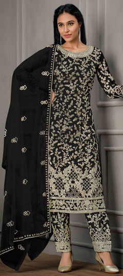 Black and Grey color Salwar Kameez in Net fabric with Embroidered, Sequence, Thread work