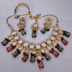 Gold Rodium Polish Multicolor color Necklace in Metal Alloy studded with Kundan
