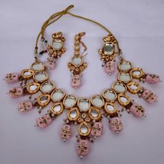 Gold Rodium Polish Pink and Majenta color Necklace in Metal Alloy studded with Kundan