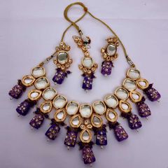 Gold Rodium Polish Purple and Violet color Necklace in Metal Alloy studded with Kundan