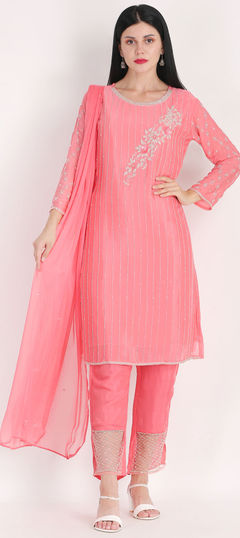 Pink and Majenta color Salwar Kameez in Chiffon fabric with Bugle Beads, Moti work