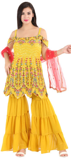 Yellow color Salwar Kameez in Georgette fabric with Mirror, Sequence, Thread work