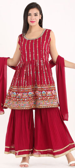 Purple and Violet color Salwar Kameez in Georgette fabric with Mirror, Sequence, Thread work