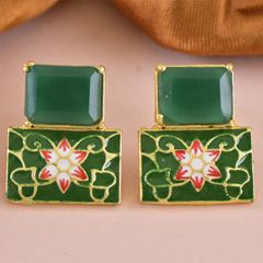 Gold Rodium Polish Green color Earrings in Brass studded with Beads, Cubic Zirconia, Kundan