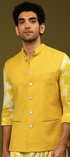 Yellow color Nehru Jacket in Satin Silk fabric with Printed work : 1816699