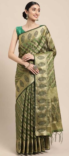 Green color Saree in Organza Silk, Silk fabric with Weaving work