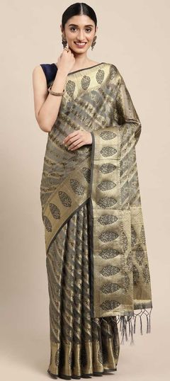 Black and Grey color Saree in Organza Silk, Silk fabric with Weaving work