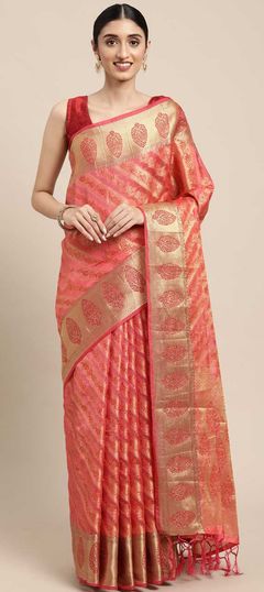 Pink and Majenta color Saree in Organza Silk, Silk fabric with Weaving work