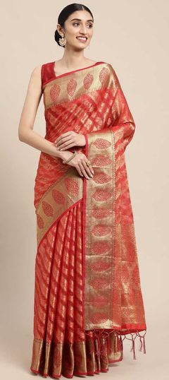 Red and Maroon color Saree in Organza Silk, Silk fabric with Weaving work