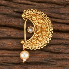 Gold Rodium Polish White and Off White color Nose Ring in Brass studded with Kundan