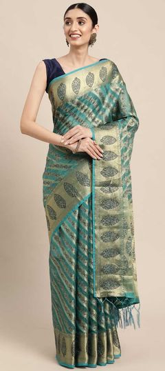 Blue color Saree in Organza Silk, Silk fabric with Weaving work