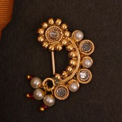 Gold Rodium Polish White and Off White color Nose Ring in Brass studded with Kundan