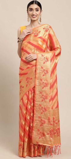 Beige and Brown color Saree in Organza Silk, Silk fabric with Weaving work