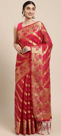 Pink and Majenta color Saree in Organza Silk, Silk fabric with Weaving work
