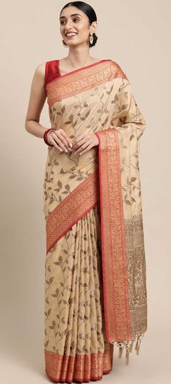 Beige and Brown color Saree in Cotton fabric with Weaving work